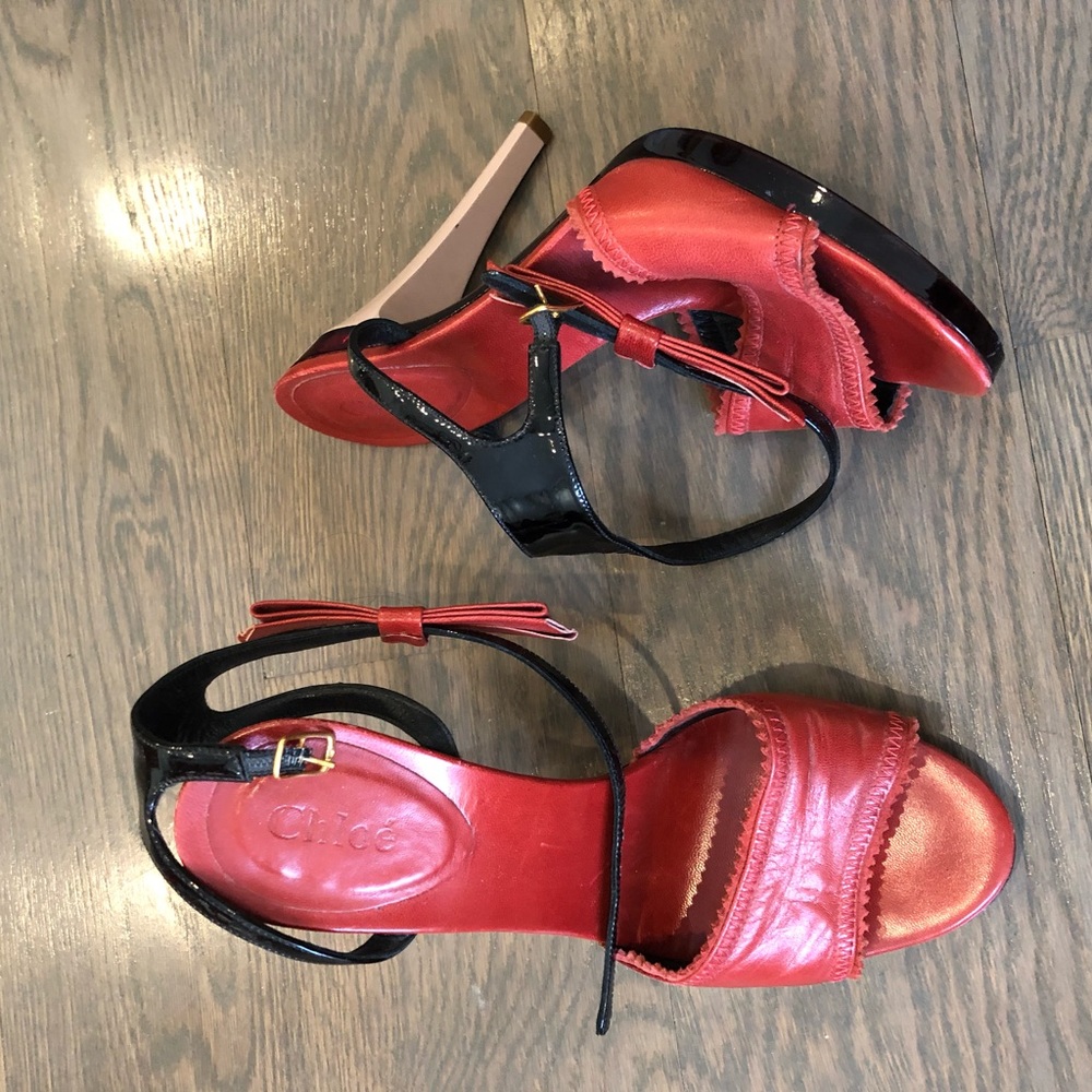 Chloe Sexy Red & Pink-black ankle strap with bow